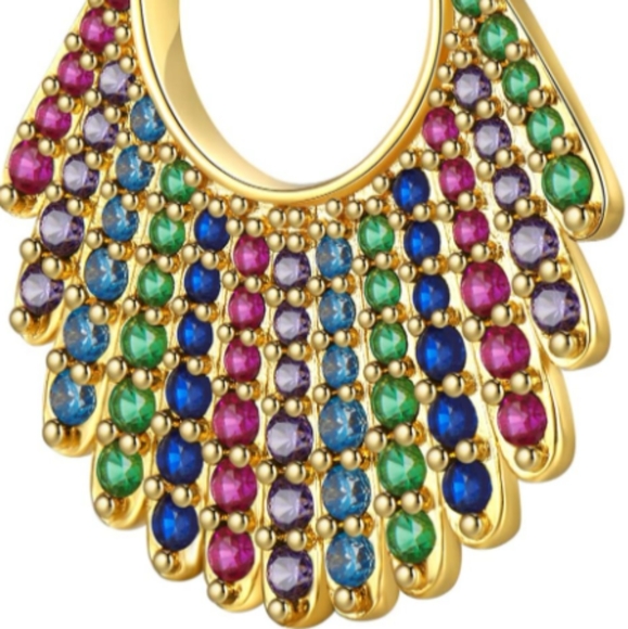 Multicolored Rhinestone Fan Hoop Earrings Multicolor Crystal Gold Hoops New - Picture 2 of 5